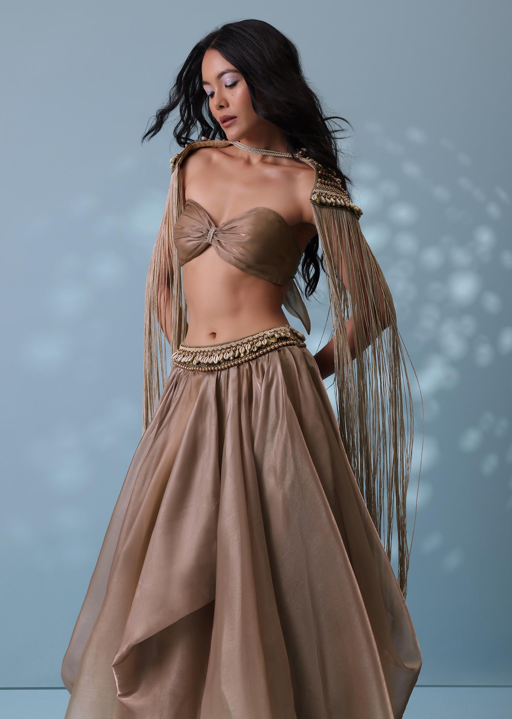 Kalki Fashion,SG132336,Taupe Brown Embroidered Cowl Lehenga And Cape Blouse In Shimmer Organza