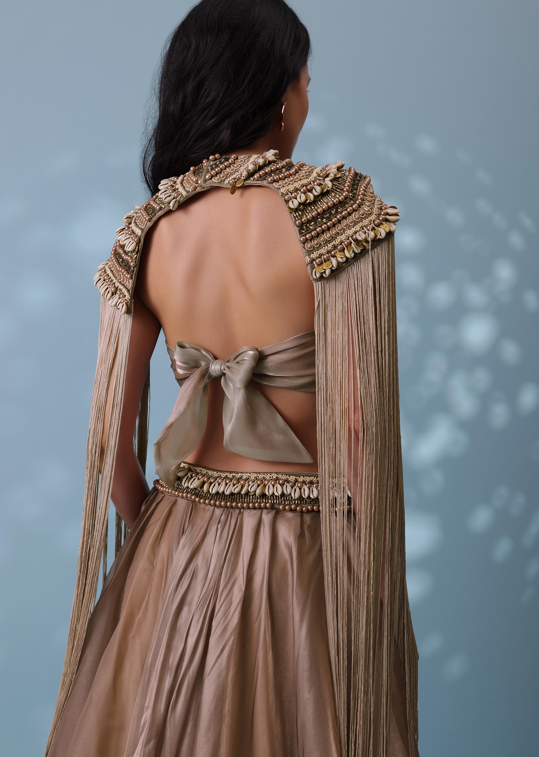 Kalki Fashion,SG132336,Taupe Brown Embroidered Cowl Lehenga And Cape Blouse In Shimmer Organza