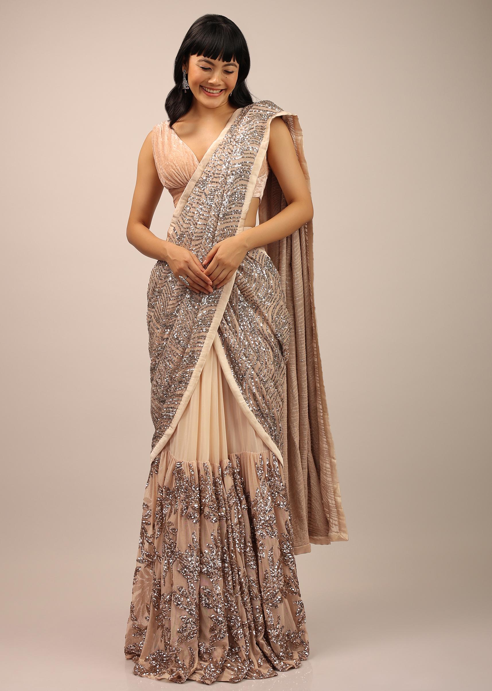 Kalki Fashion,SG102773,Beige Ready Pleated Saree With Sequins Work In A Floral Pattern And Velvet Blouse