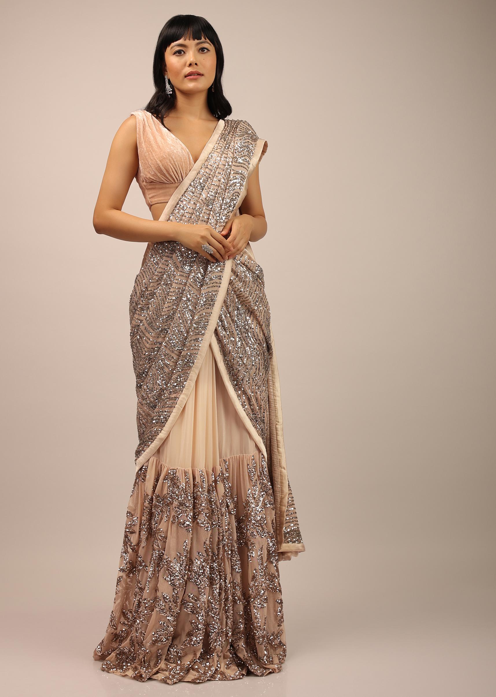 Kalki Fashion,SG102773,Beige Ready Pleated Saree With Sequins Work In A Floral Pattern And Velvet Blouse