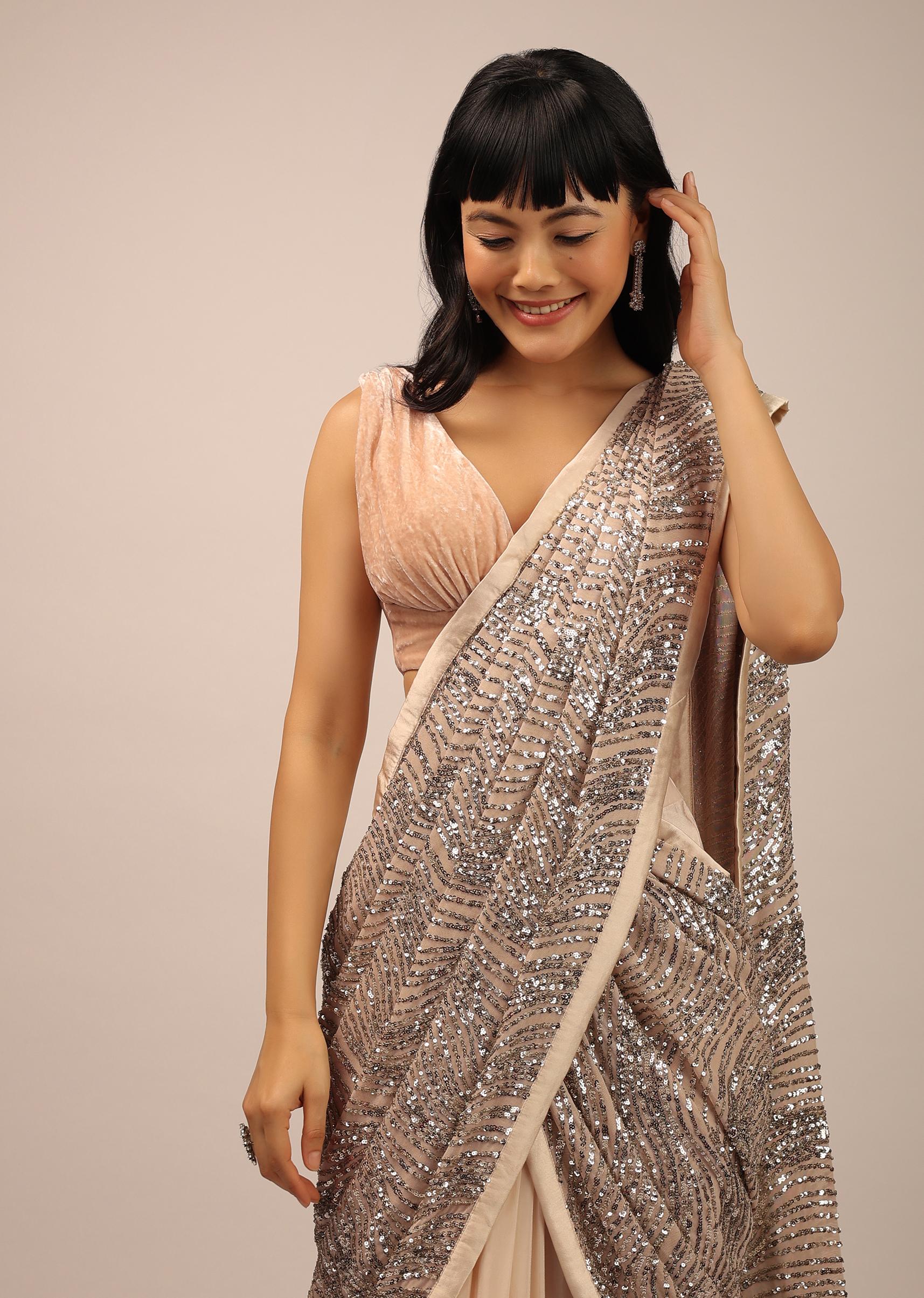 Kalki Fashion,SG102773,Beige Ready Pleated Saree With Sequins Work In A Floral Pattern And Velvet Blouse