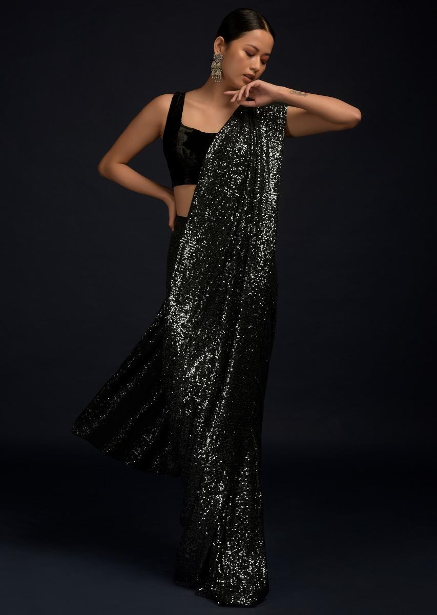 Kalki Fashion,M001M470Y-SG55492,Black And Silver Ready Pleated Saree Embellished In Sequins And Black Velvet Blouse With Scooped Neckline