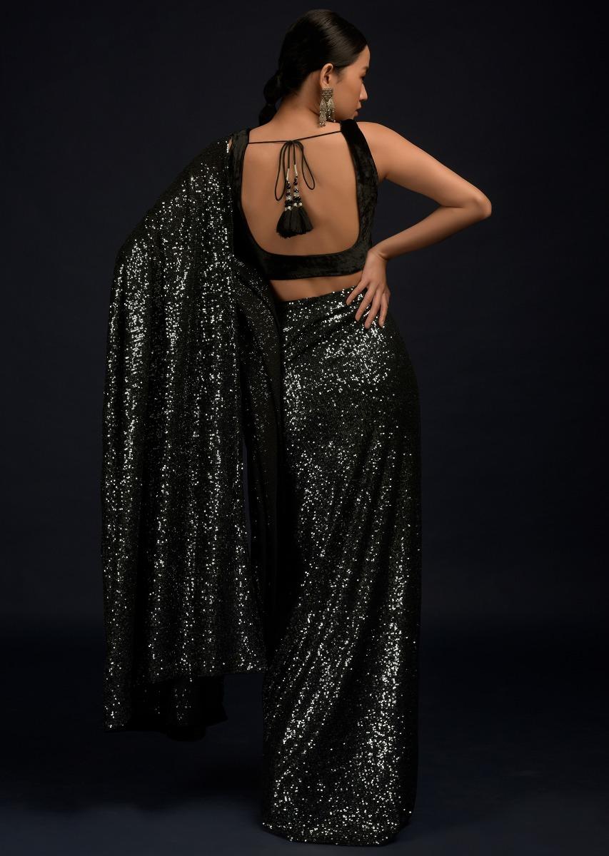 Kalki Fashion,M001M470Y-SG55492,Black And Silver Ready Pleated Saree Embellished In Sequins And Black Velvet Blouse With Scooped Neckline