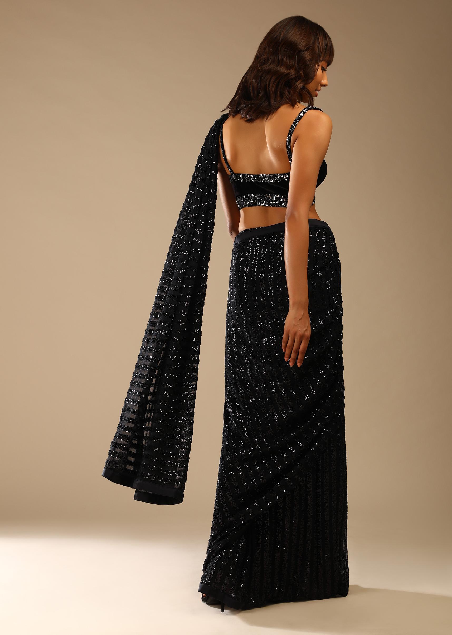 Kalki Fashion,M001G3025Y-SG70473,Black Ready Pleated Saree Embellished In Sequins And Sleeveless Velvet Blouse With Cut Out Detailing