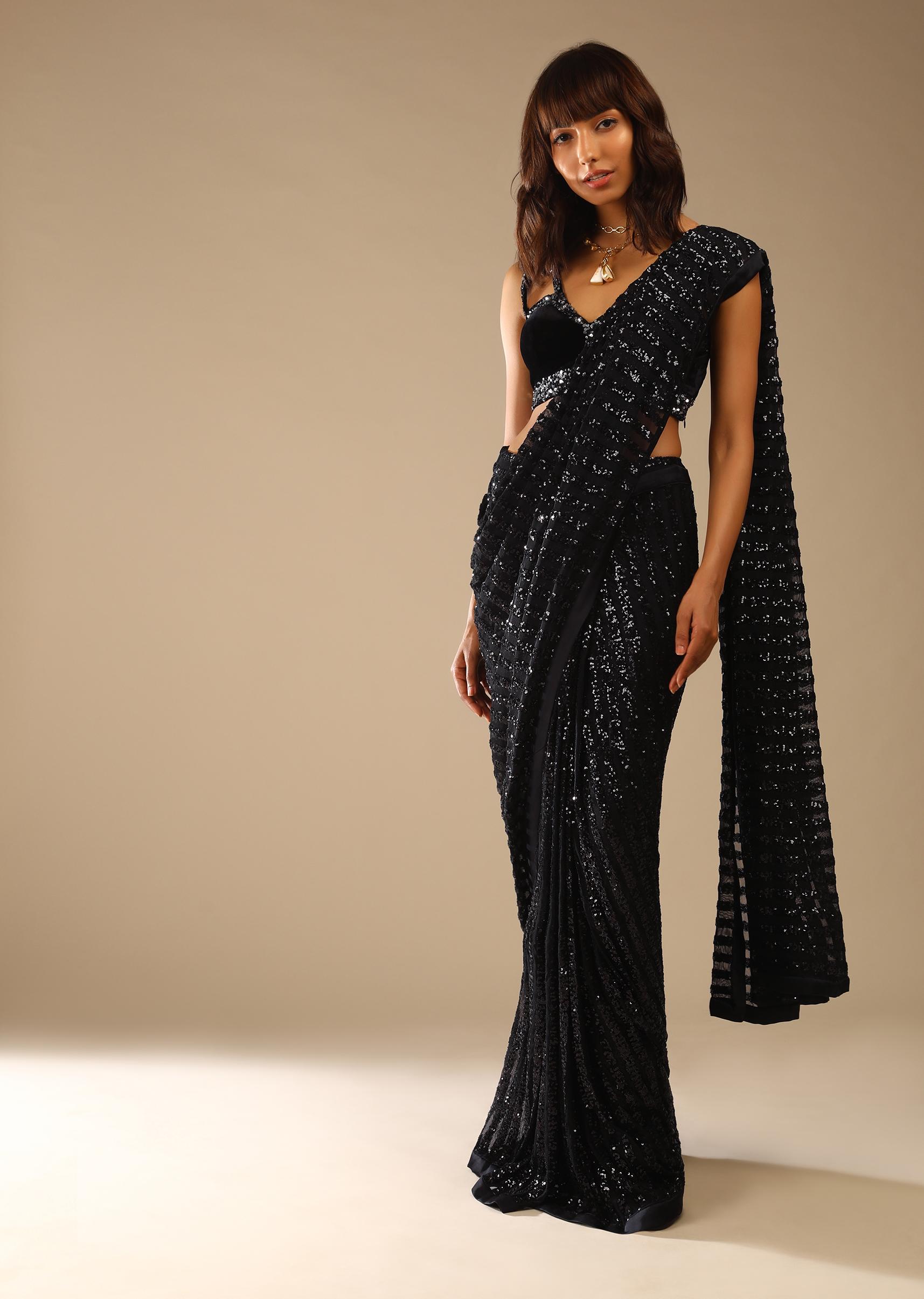 Kalki Fashion,M001G3025Y-SG70473,Black Ready Pleated Saree Embellished In Sequins And Sleeveless Velvet Blouse With Cut Out Detailing