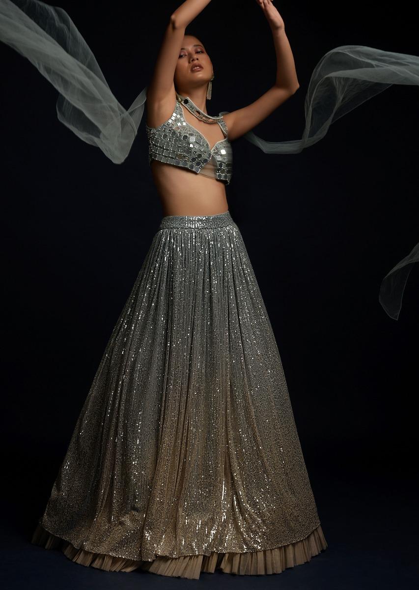 Kalki Fashion,M001TR334Y-SG58571,Blue And Beige Shaded Lehenga Embellished In Sequins With Organza Frill And Mirror Embellished Crop Top