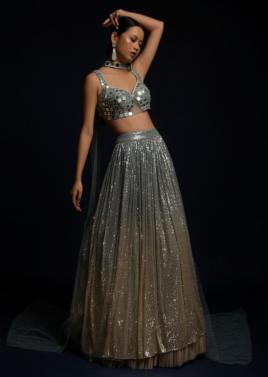 Kalki Fashion,M001TR334Y-SG58571,Blue And Beige Shaded Lehenga Embellished In Sequins With Organza Frill And Mirror Embellished Crop Top