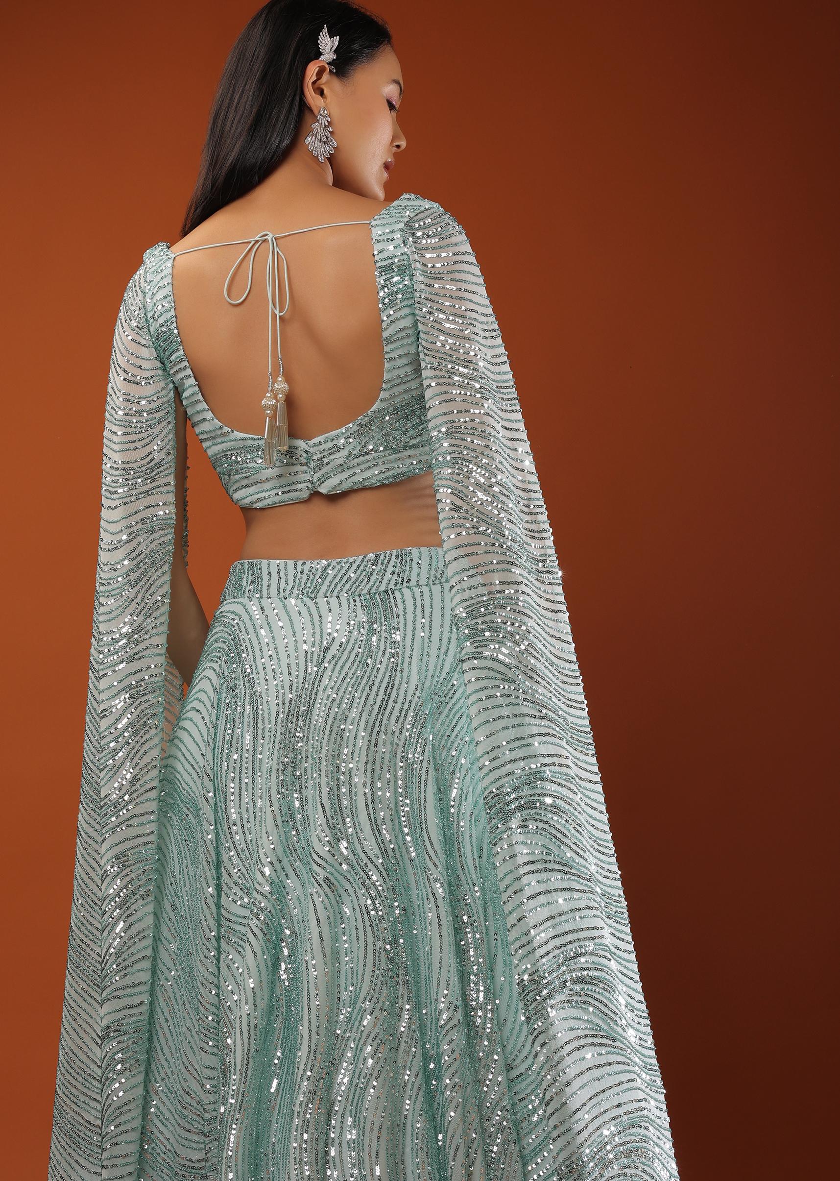 Kalki Fashion,M001AT558Y-SG98975,Blue Lehenga And A Crop Top In A Long Cape In Sequins Embroidery, Padding And A Back Hooks Closure.