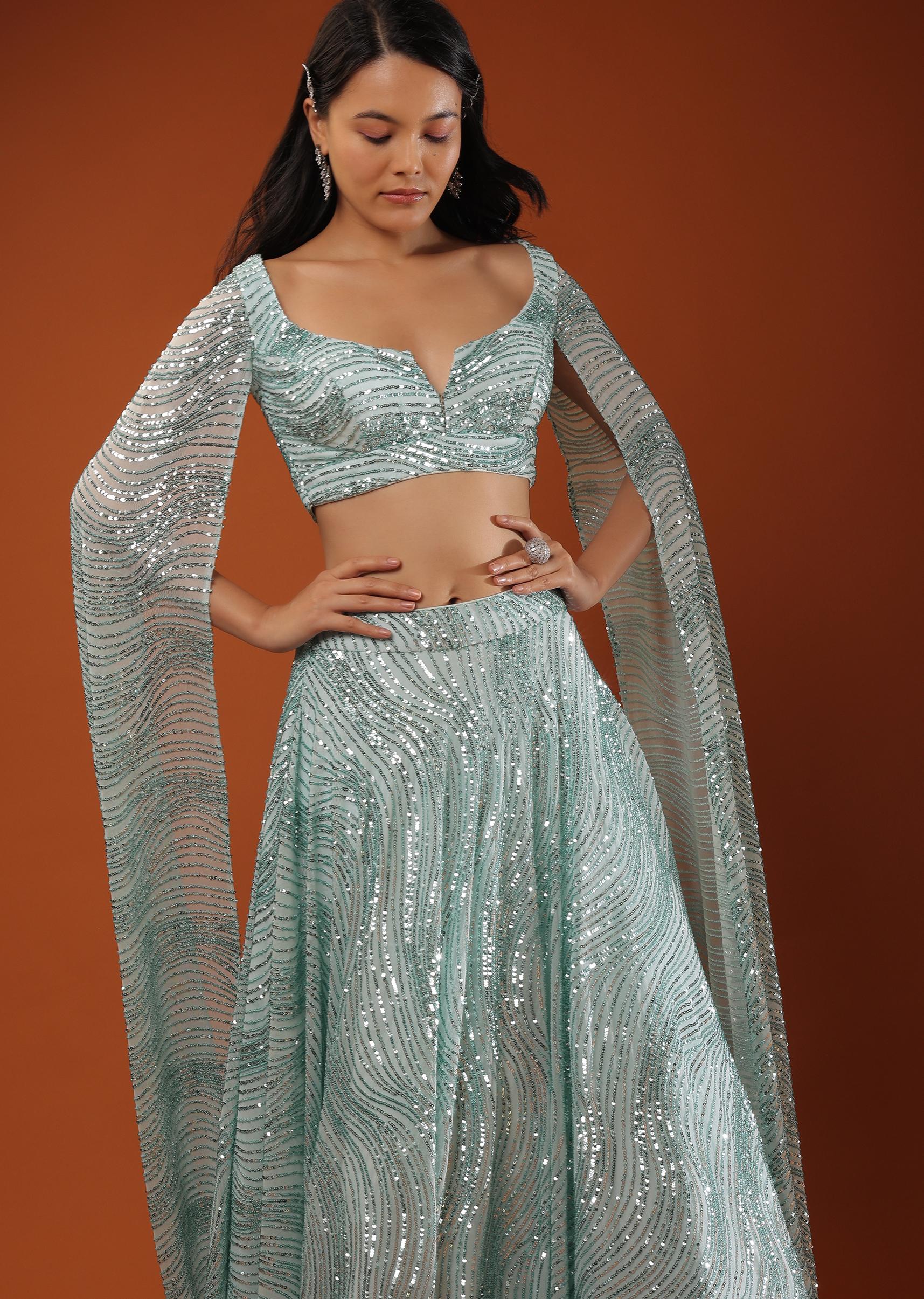 Kalki Fashion,M001AT558Y-SG98975,Blue Lehenga And A Crop Top In A Long Cape In Sequins Embroidery, Padding And A Back Hooks Closure.