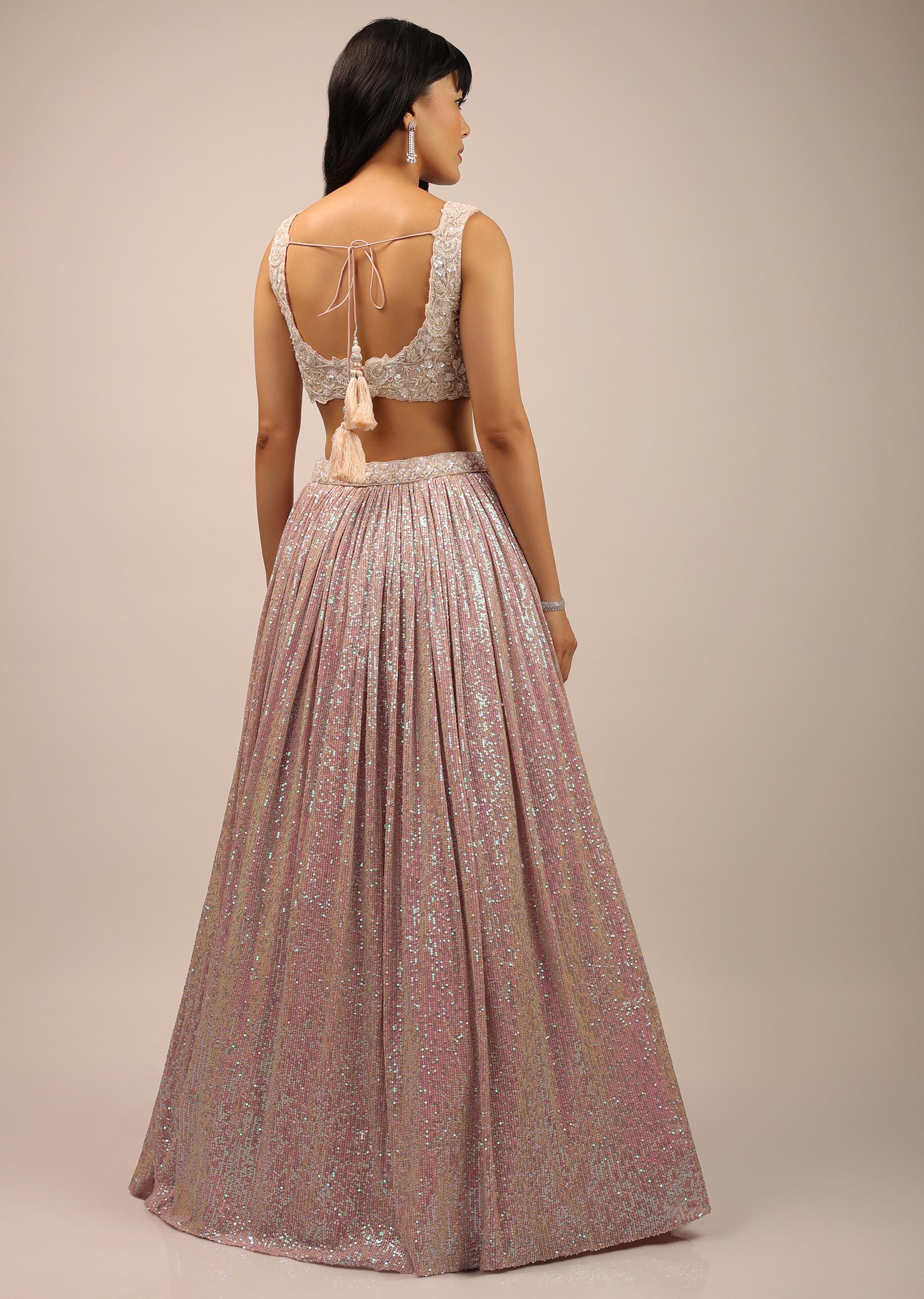 Kalki Fashion,SG90342,Blush Pink Crop Top And Pleated Skirt With Sequins