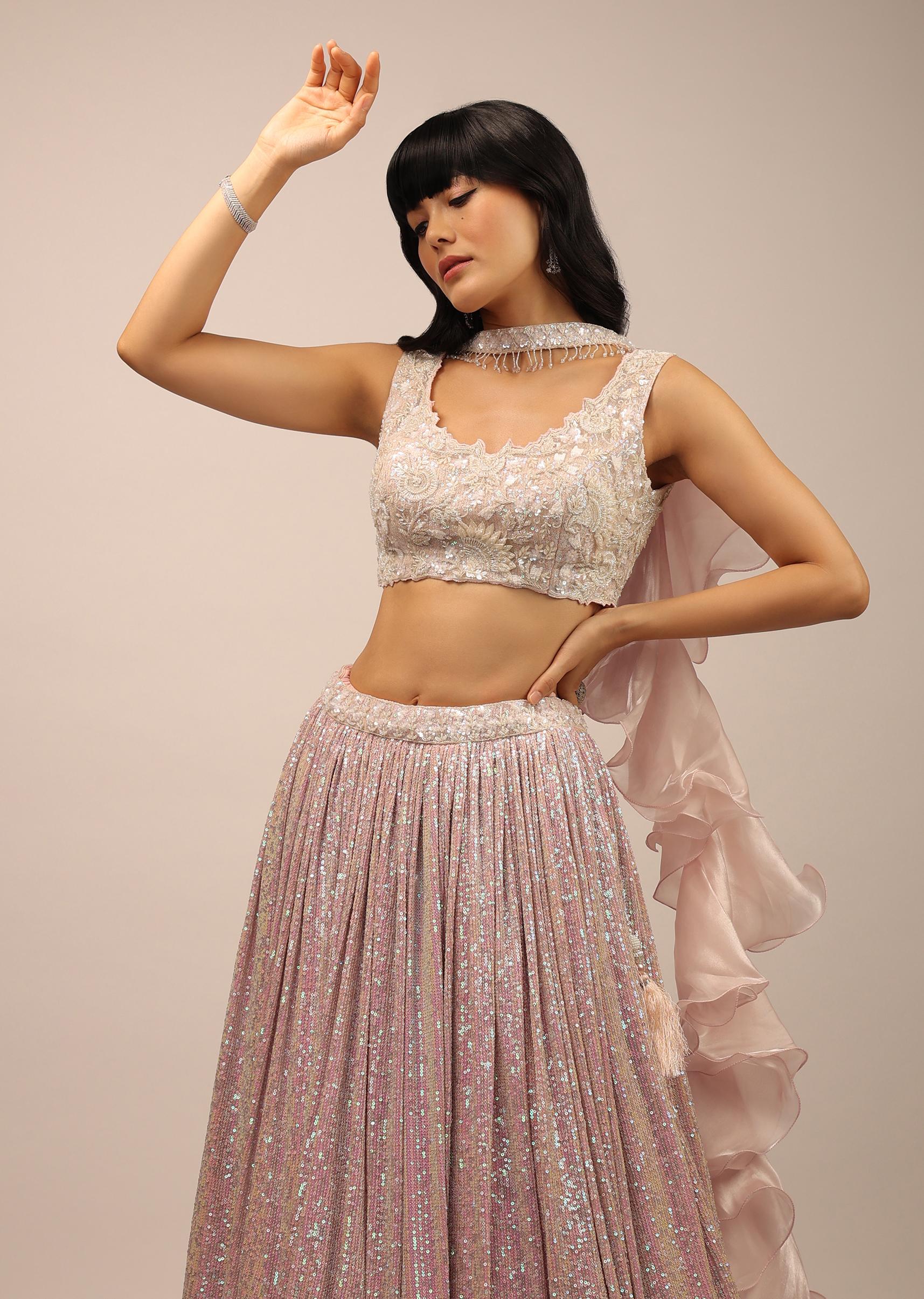 Kalki Fashion,SG90342,Blush Pink Crop Top And Pleated Skirt With Sequins