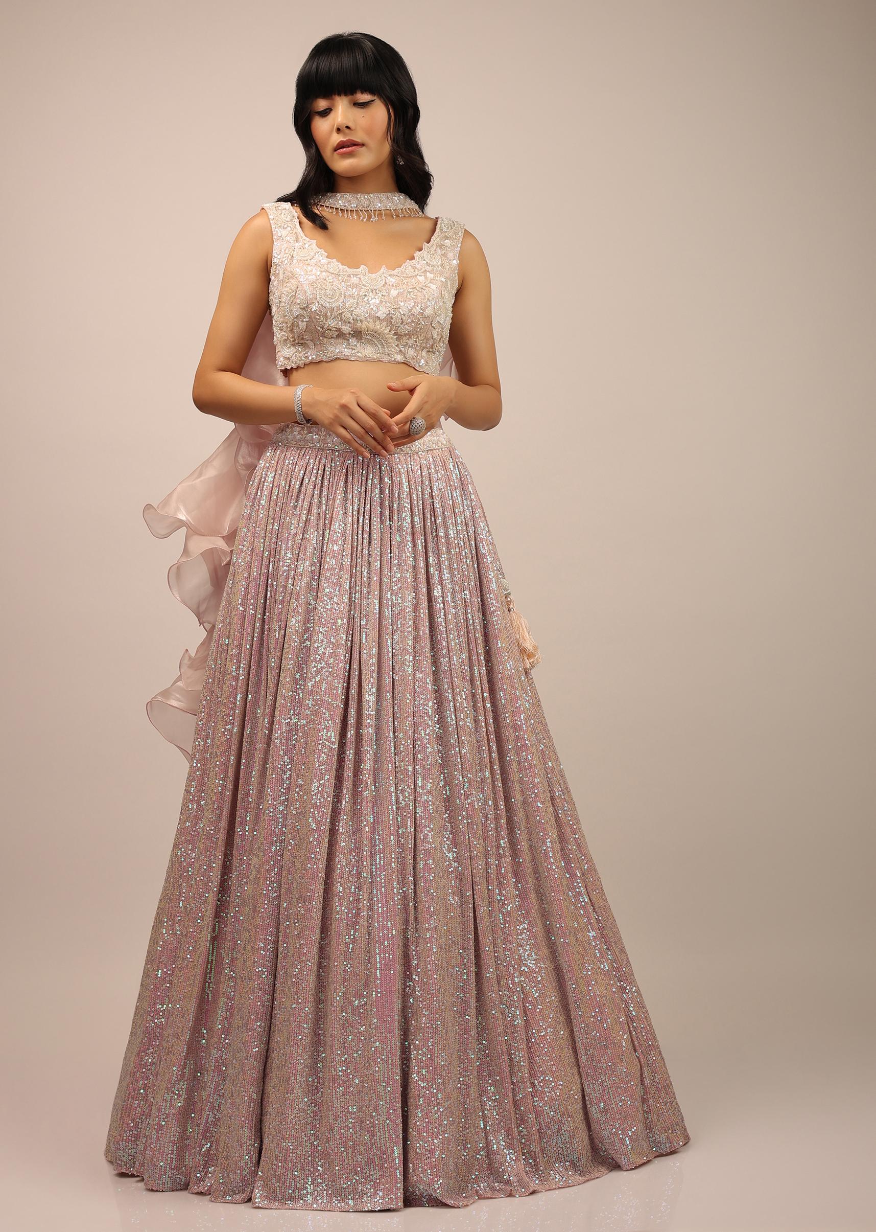 Kalki Fashion,SG90342,Blush Pink Crop Top And Pleated Skirt With Sequins