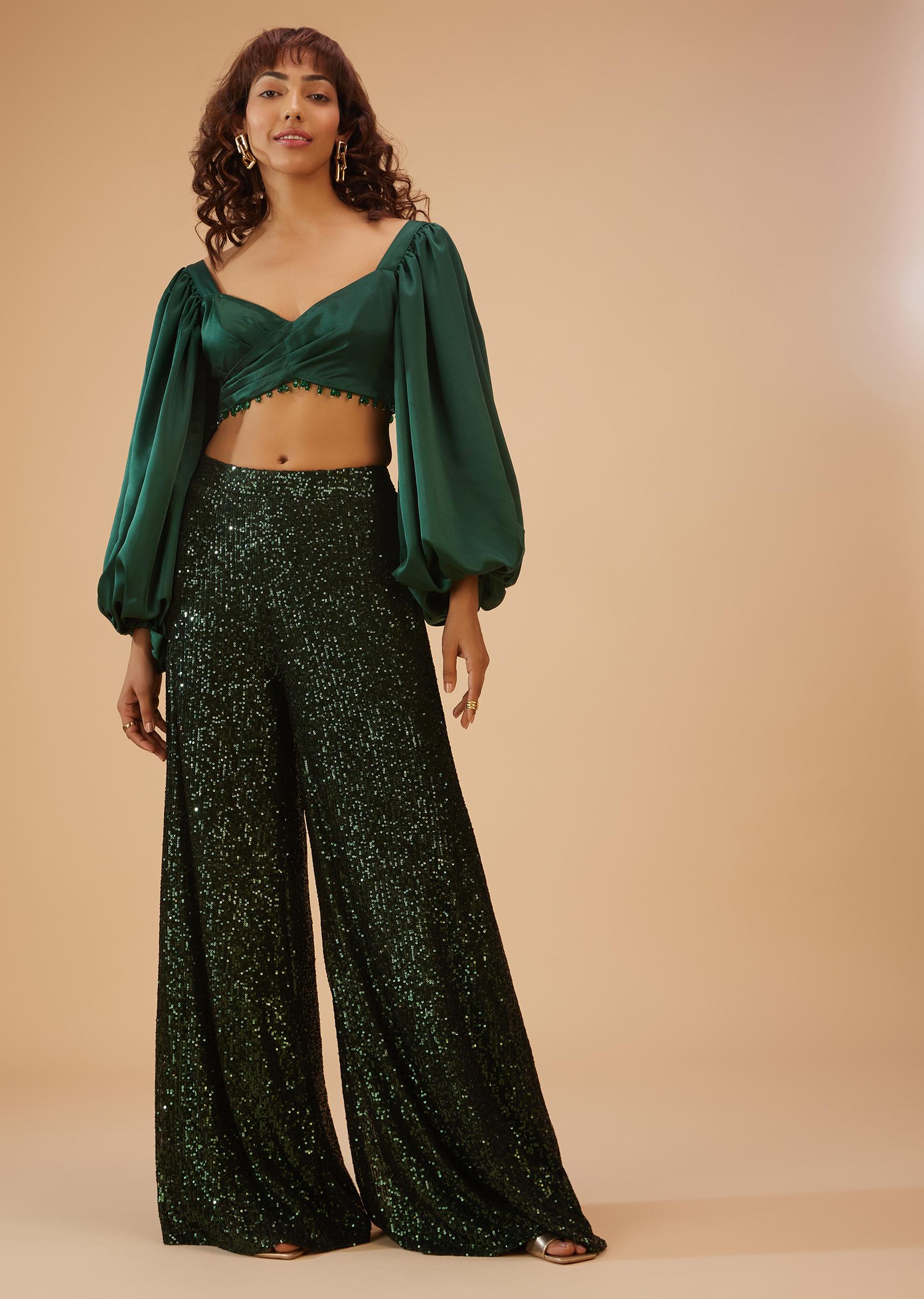 Kalki Fashion,SG122053,Bottle Green Palazzo And Crop-Top Set