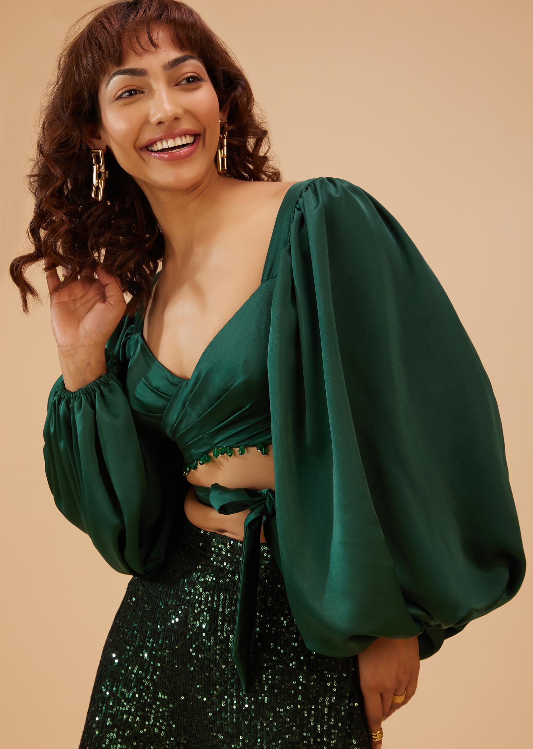 Kalki Fashion,SG122053,Bottle Green Palazzo And Crop-Top Set