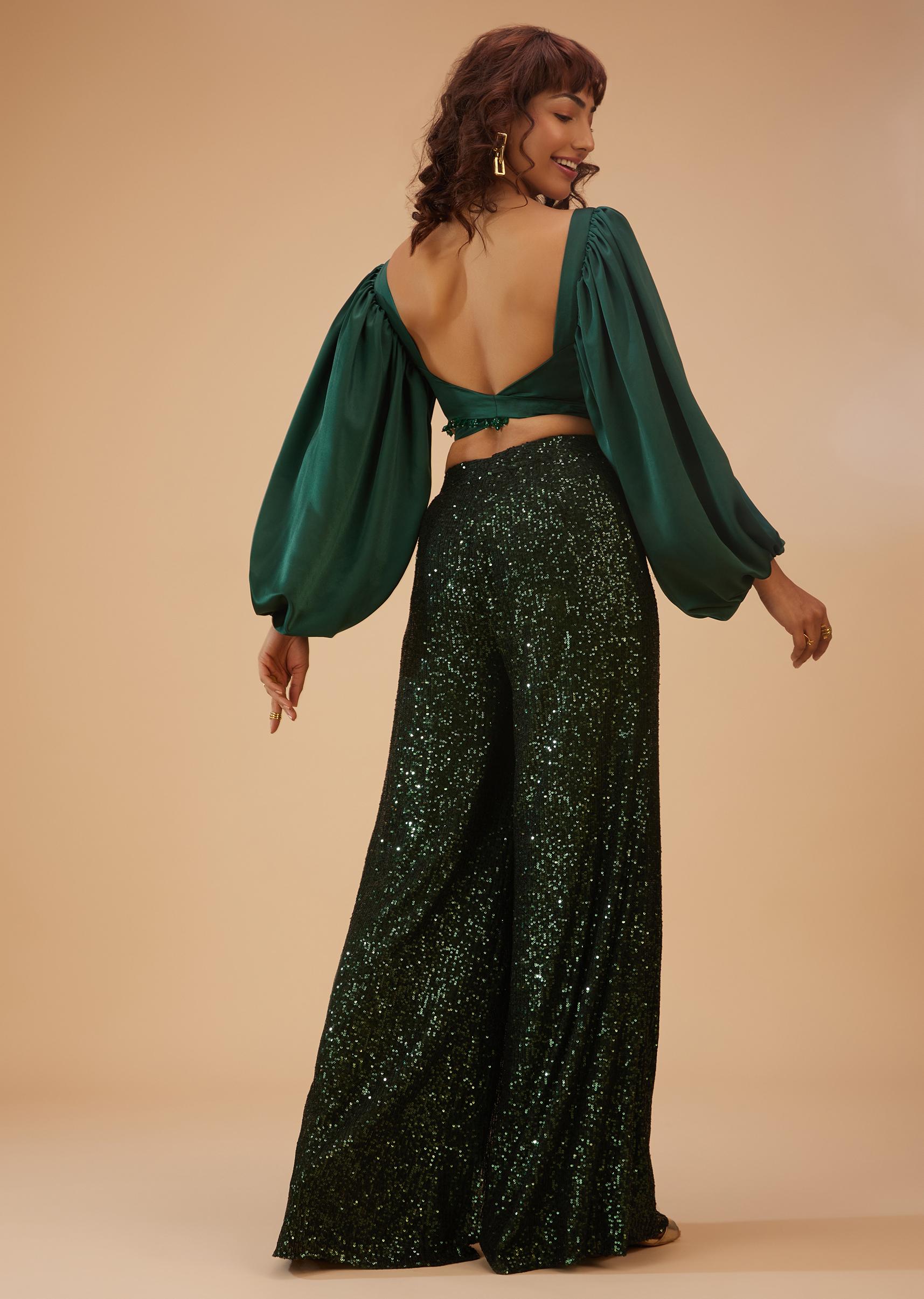 Kalki Fashion,SG122053,Bottle Green Palazzo And Crop-Top Set