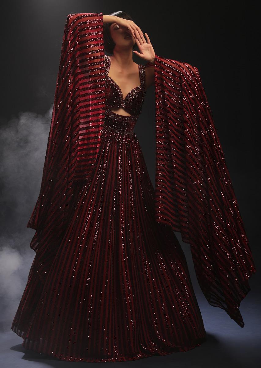 Kalki Fashion,M001RA439Y-SG58562,Burgundy Gown In Sequins Embellished Net With Attached Cape And Cut Dana Accented Front Cut Bodice