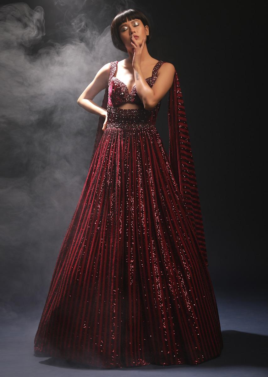 Kalki Fashion,M001RA439Y-SG58562,Burgundy Gown In Sequins Embellished Net With Attached Cape And Cut Dana Accented Front Cut Bodice