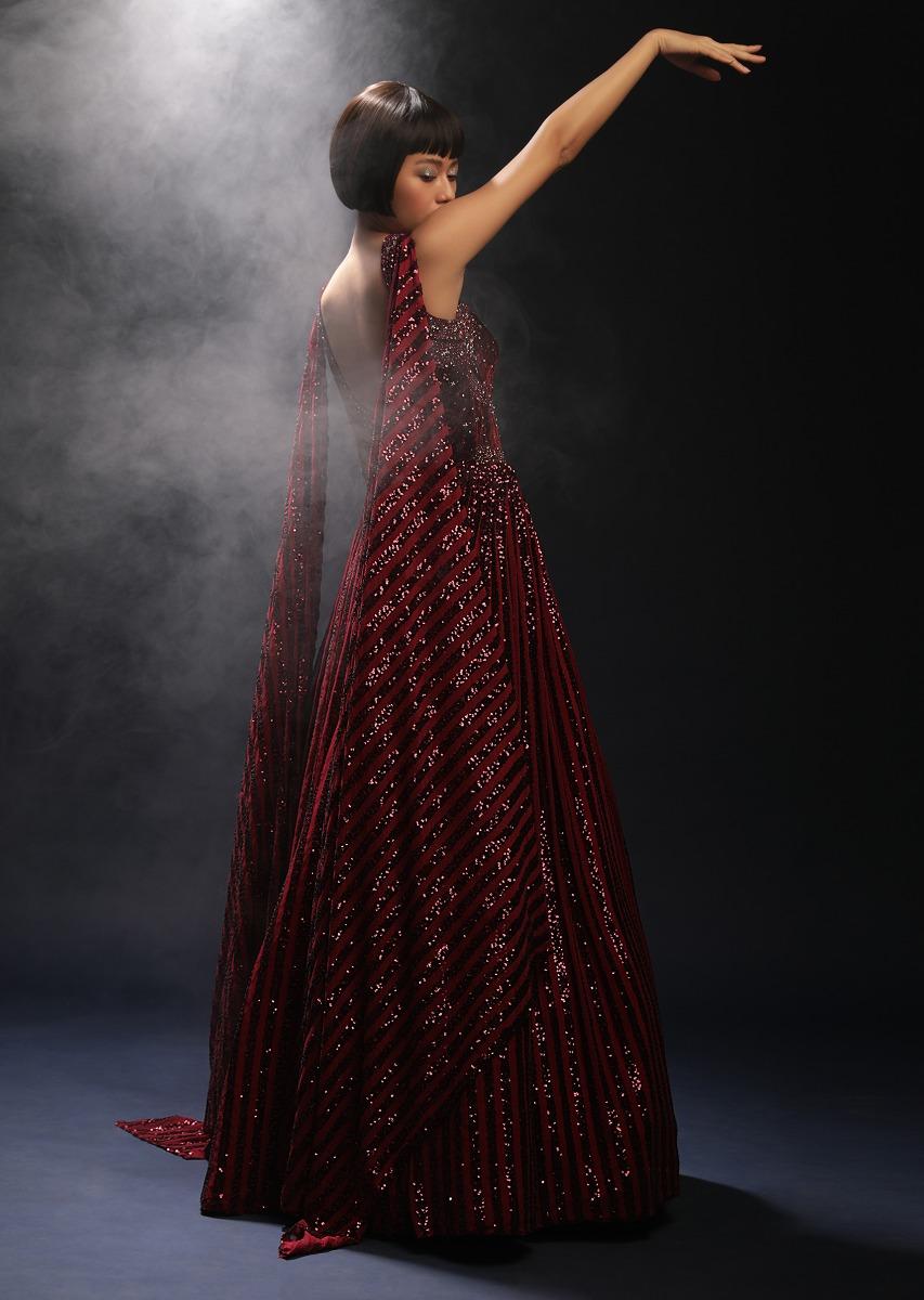 Kalki Fashion,M001RA439Y-SG58562,Burgundy Gown In Sequins Embellished Net With Attached Cape And Cut Dana Accented Front Cut Bodice