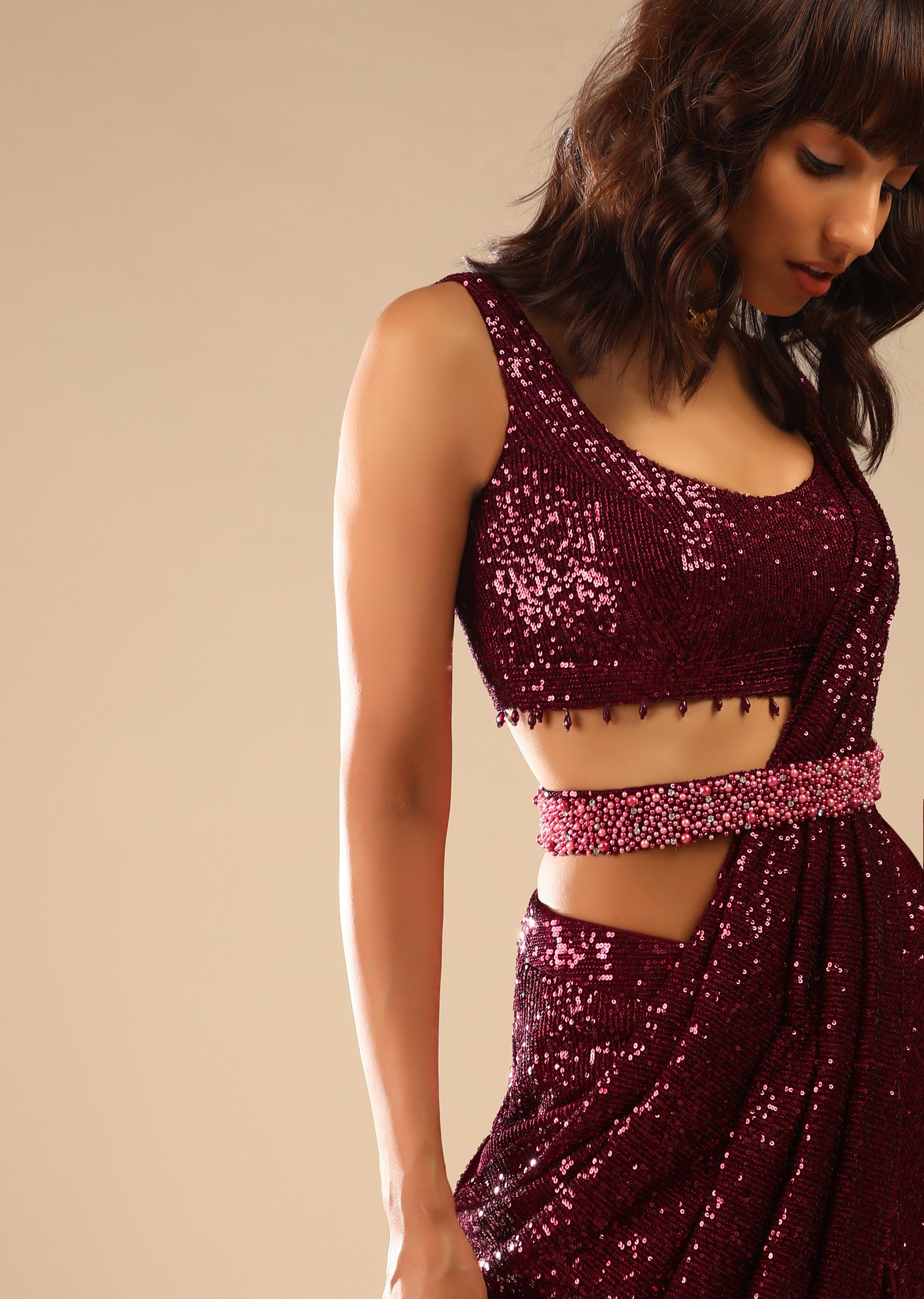 Kalki Fashion,M001AT370Y-SG61386,Burgundy Ready Pleated Saree Embellished In Sequins With Bead Fringes, Moti Embellished Belt And Matching Sequins Blouse