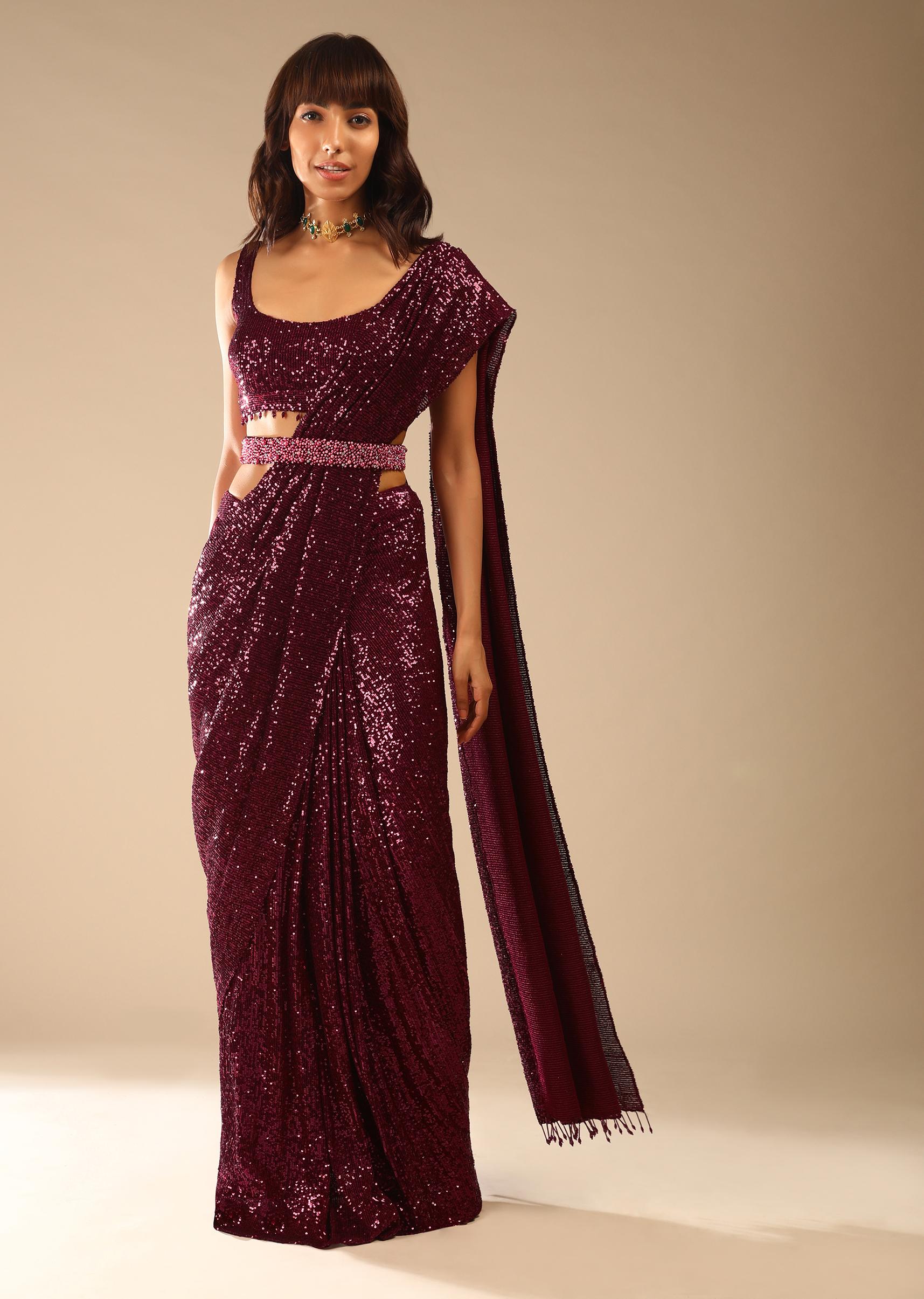 Kalki Fashion,M001AT370Y-SG61386,Burgundy Ready Pleated Saree Embellished In Sequins With Bead Fringes, Moti Embellished Belt And Matching Sequins Blouse