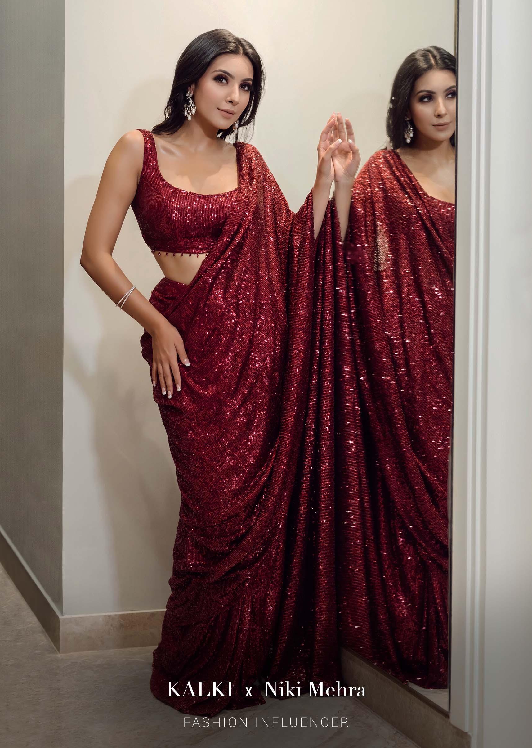 Kalki Fashion,M001AT370Y-SG61386,Burgundy Ready Pleated Saree Embellished In Sequins With Bead Fringes, Moti Embellished Belt And Matching Sequins Blouse