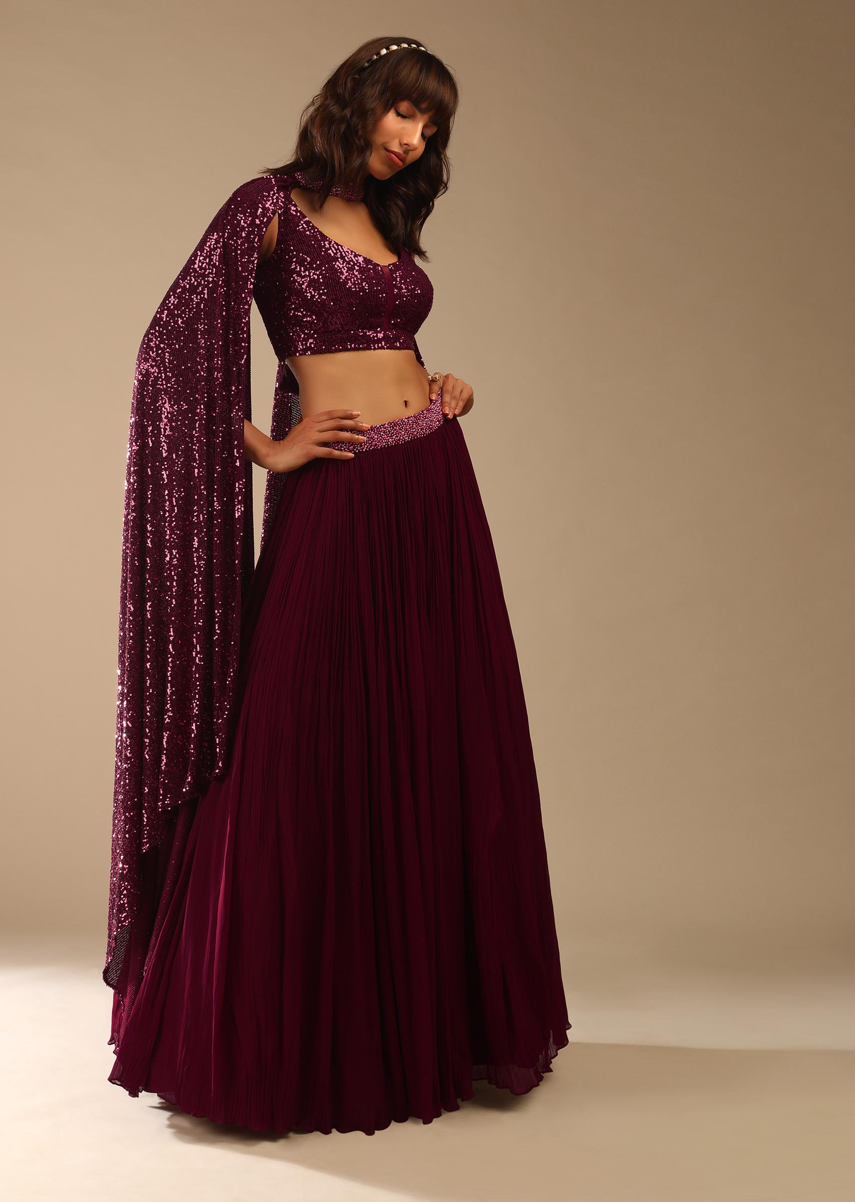 Kalki Fashion,M001AT361Y-SG61385,Burgundy Red Lehenga In Georgette With A Sequins Choli And Moti Embellished Choker Dupatta