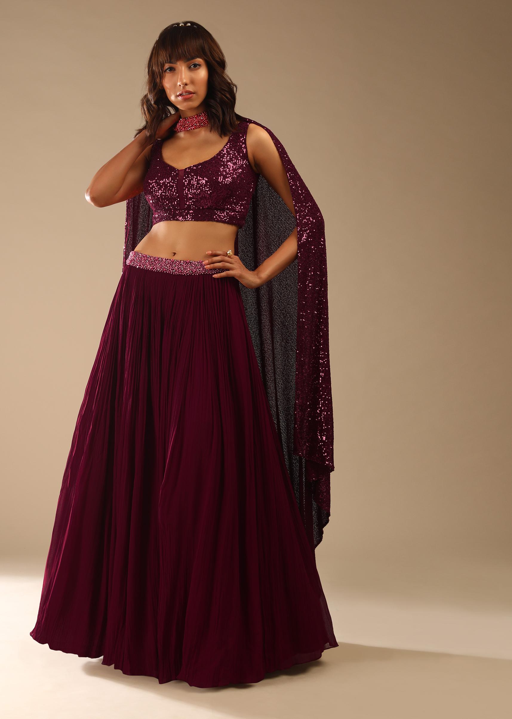 Kalki Fashion,M001AT361Y-SG61385,Burgundy Red Lehenga In Georgette With A Sequins Choli And Moti Embellished Choker Dupatta