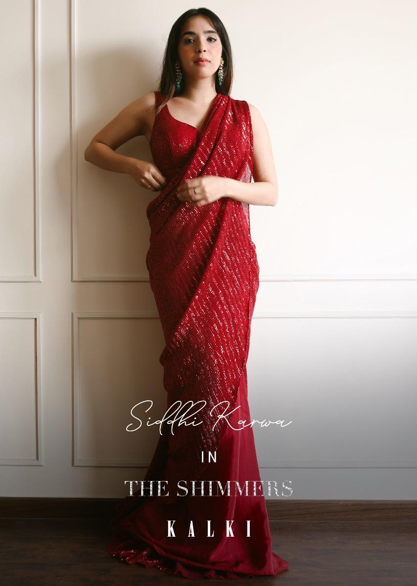 Kalki Fashion,M001RA397Y-SG54599,Burgundy Red Ready Pleated Saree In Crepe With Sequins Embellished Pallu, Frill On The Hemline And Ready Blouse