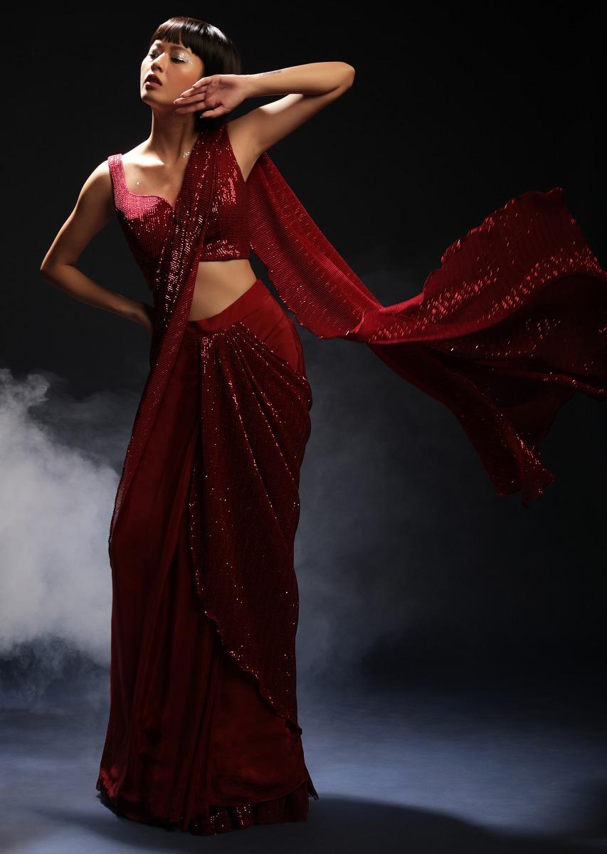 Kalki Fashion,M001RA397Y-SG54599,Burgundy Red Ready Pleated Saree In Crepe With Sequins Embellished Pallu, Frill On The Hemline And Ready Blouse