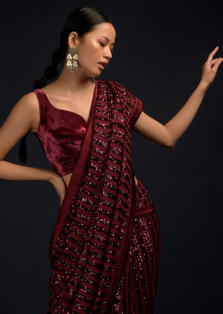 Kalki Fashion,M001RA448Y-SG59232,Burgundy Red Ready Pleated Saree In Net With Sequin Embellished Stripes And Matching Velvet Crop Top