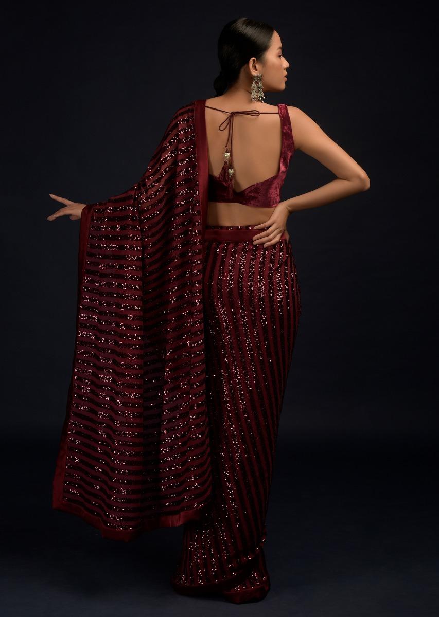 Kalki Fashion,M001RA448Y-SG59232,Burgundy Red Ready Pleated Saree In Net With Sequin Embellished Stripes And Matching Velvet Crop Top