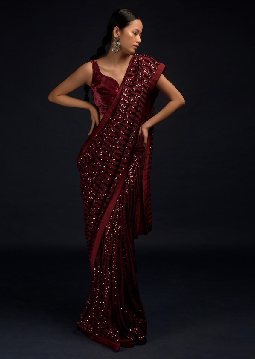 Kalki Fashion,M001RA448Y-SG59232,Burgundy Red Ready Pleated Saree In Net With Sequin Embellished Stripes And Matching Velvet Crop Top