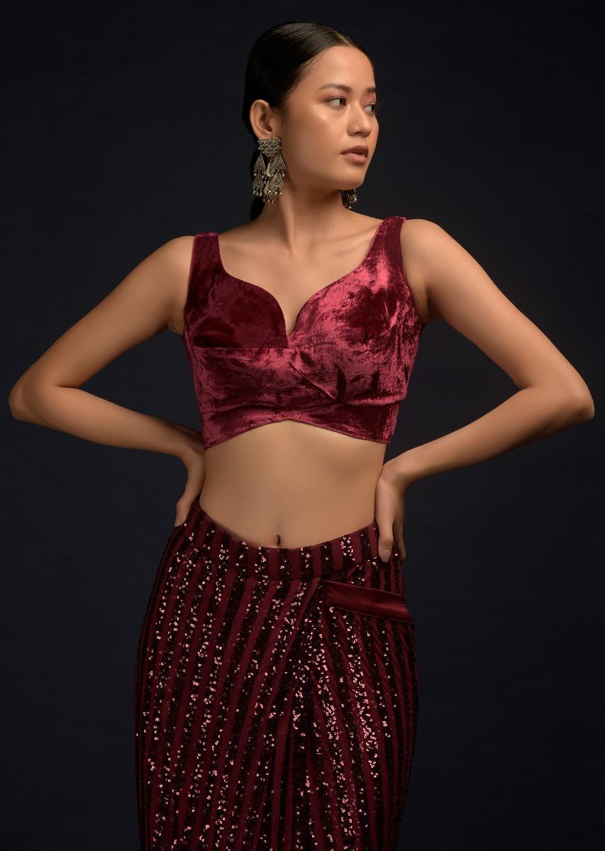 Kalki Fashion,M001RA448Y-SG59232,Burgundy Red Ready Pleated Saree In Net With Sequin Embellished Stripes And Matching Velvet Crop Top