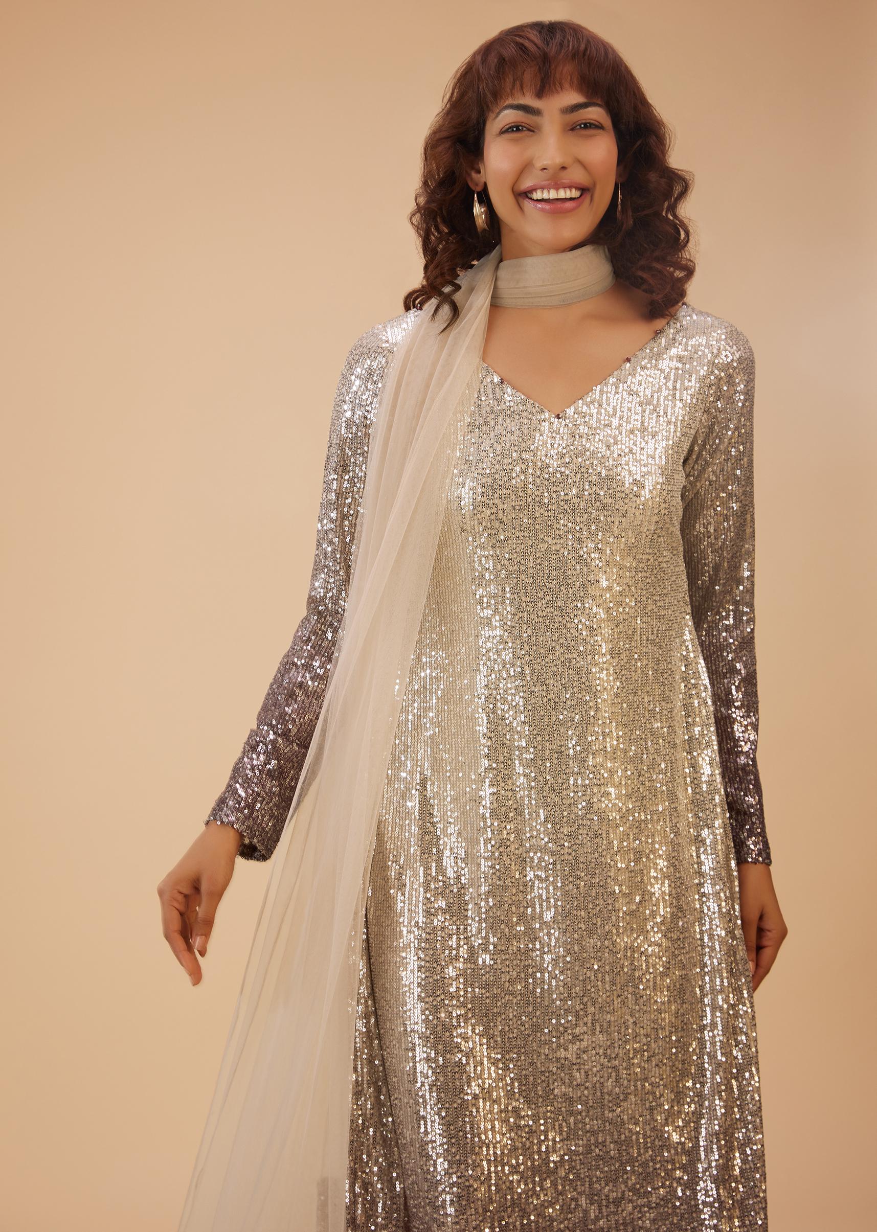 Kalki Fashion,SG111640,Coffee Brown And Silver Gradient Shade Pant Suit Set In Sequins
