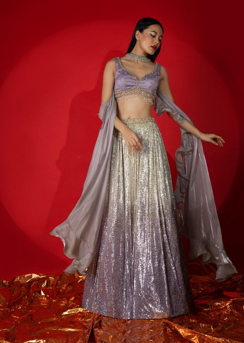 Kalki Fashion,M001RA522Y-SG68390,Cream And Lavender Shaded Sequins Lehenga With Hand Embroidered Lavender Choli And Ruffle Dupatta