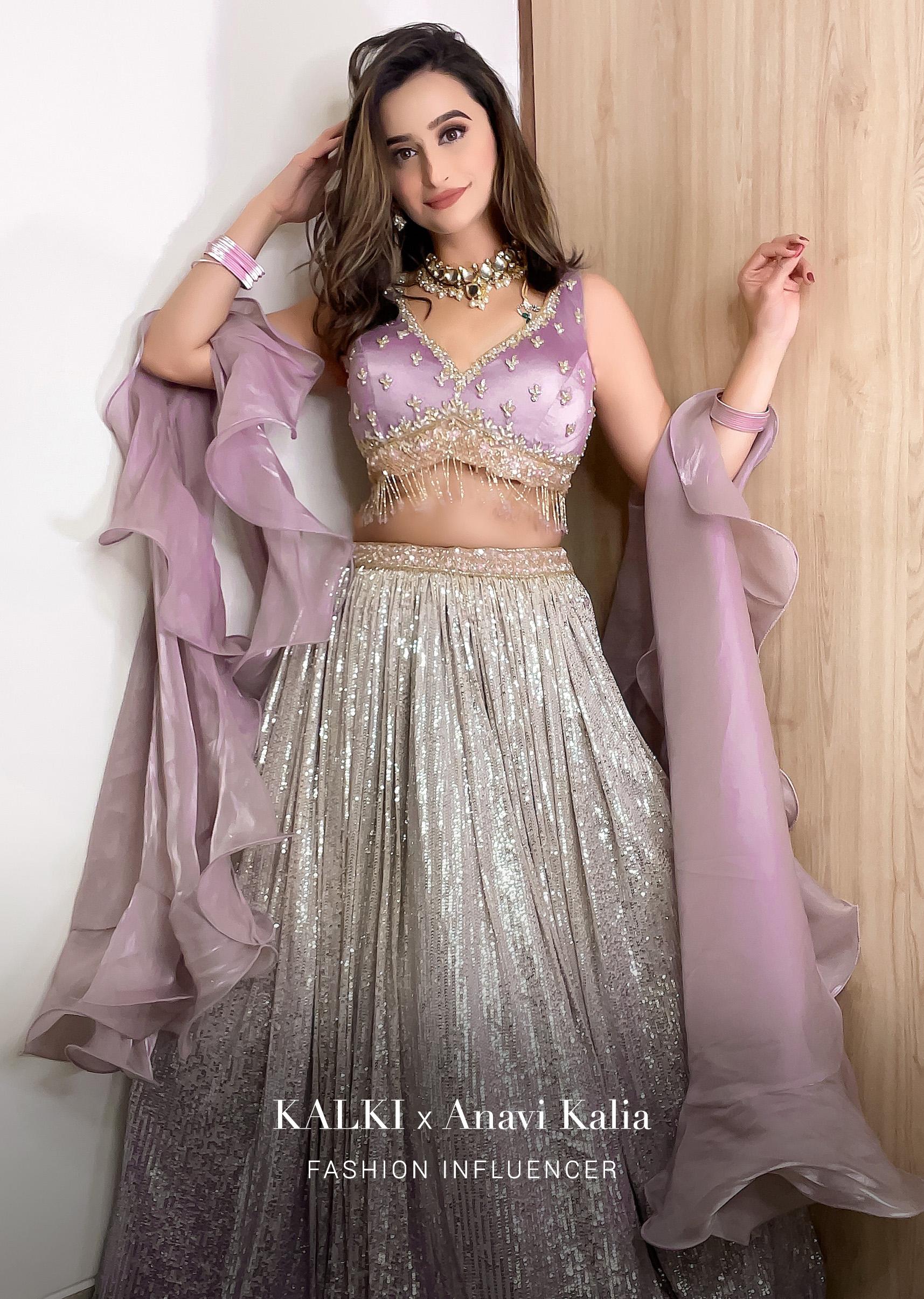 Kalki Fashion,M001RA522Y-SG68390,Cream And Lavender Shaded Sequins Lehenga With Hand Embroidered Lavender Choli And Ruffle Dupatta