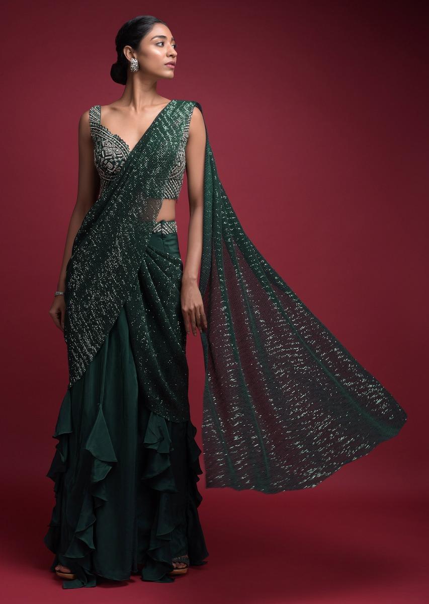 Kalki Fashion,M001RA285Y-SG33301,Emerald Green Ready Pleated Saree In Crepe With Cascade Frill On The Hemline