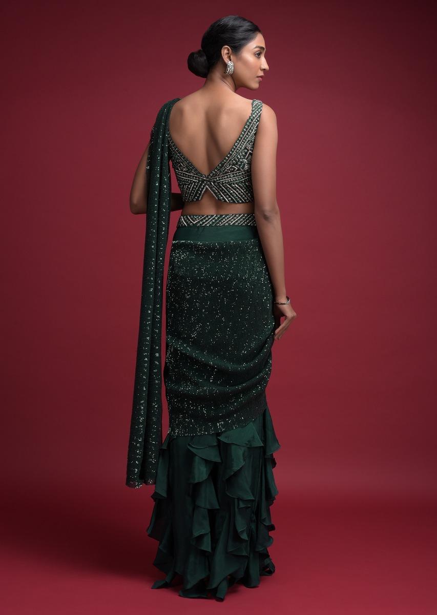 Kalki Fashion,M001RA285Y-SG33301,Emerald Green Ready Pleated Saree In Crepe With Cascade Frill On The Hemline