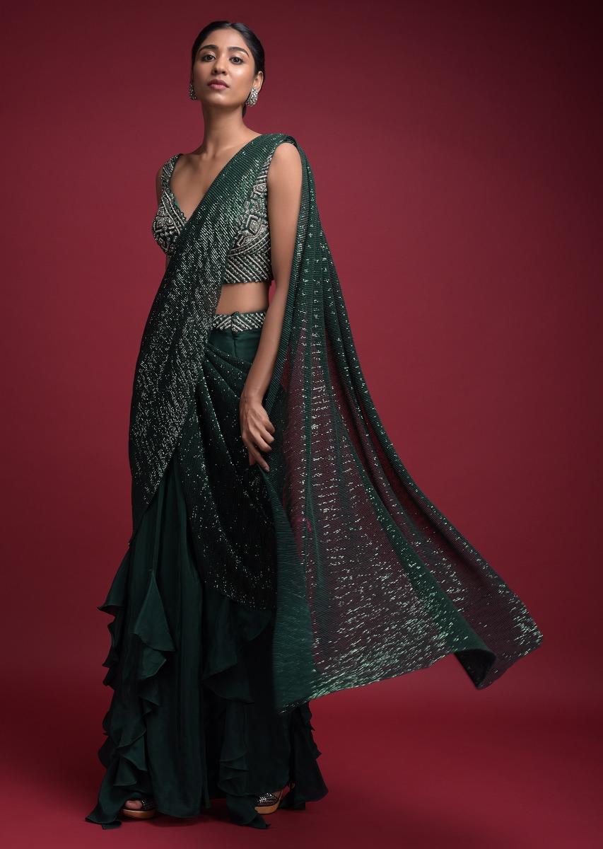 Kalki Fashion,M001RA285Y-SG33301,Emerald Green Ready Pleated Saree In Crepe With Cascade Frill On The Hemline