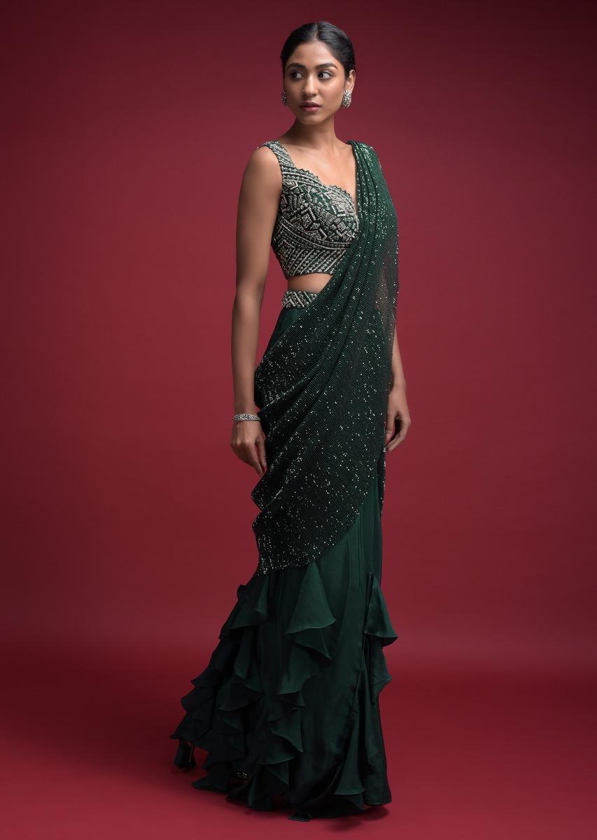 Kalki Fashion,M001RA285Y-SG33301,Emerald Green Ready Pleated Saree In Crepe With Cascade Frill On The Hemline