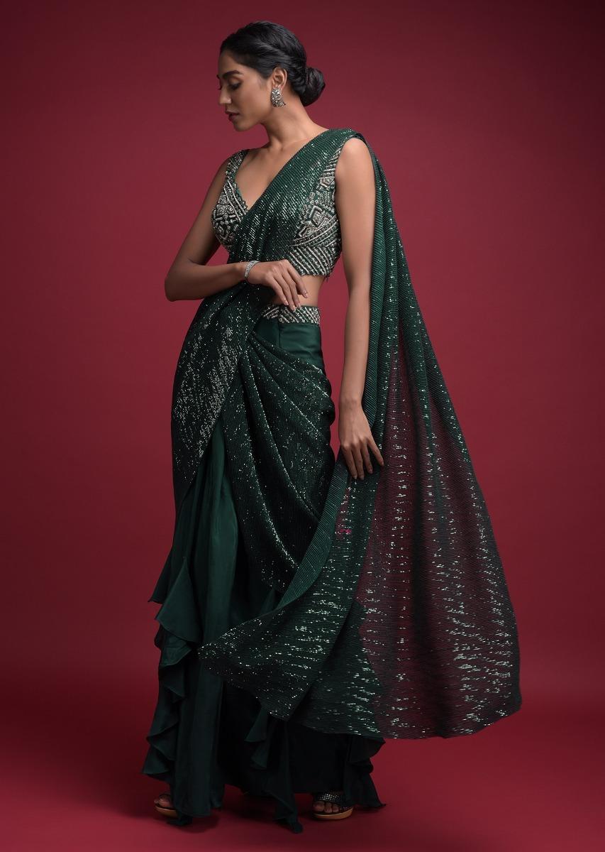 Kalki Fashion,M001RA285Y-SG33301,Emerald Green Ready Pleated Saree In Crepe With Cascade Frill On The Hemline