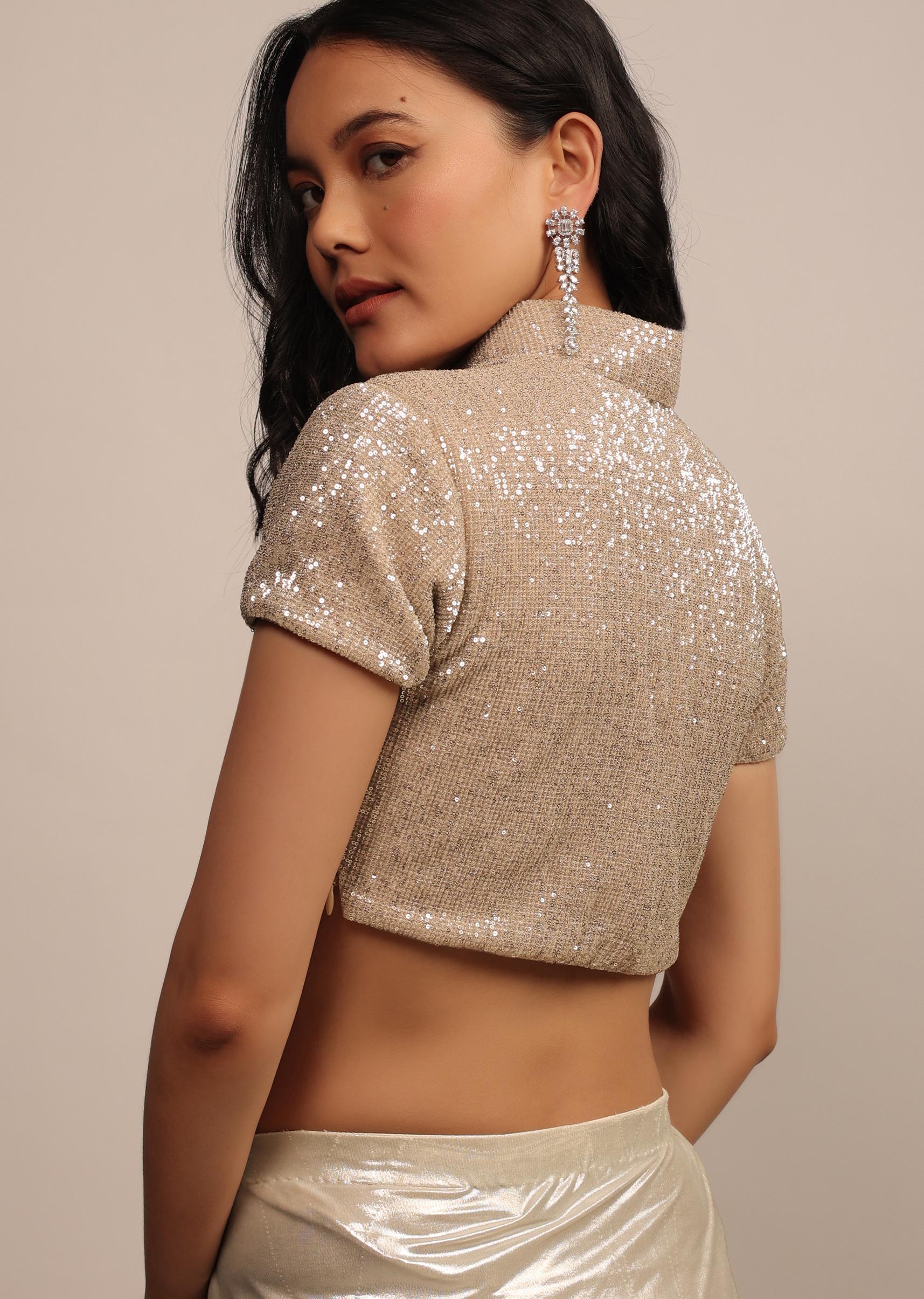 Kalki Fashion,SG147508,Glittery Golden Blouse In Sequins And A Collared V Neckline