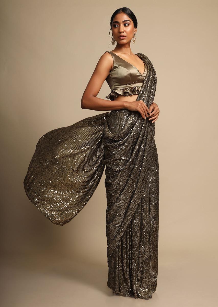 Kalki Fashion,M001M472Y-SG34635,Greenish Gold Saree Embellished In Sequins With Ready Stitched Pleats