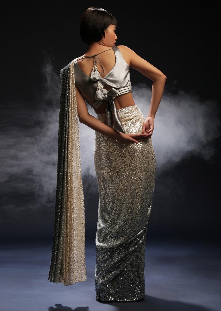 Kalki Fashion,M001RA397Y-SG54559,Grey And Silver Ombre Ready Pleated Saree Embellished In Sequins And Grey Velvet Blouse With Front Cut Out