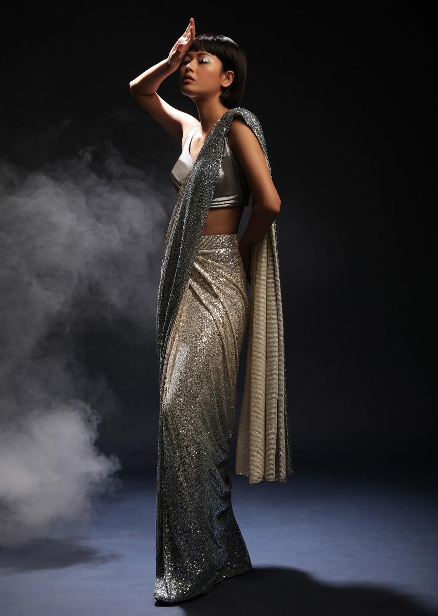 Kalki Fashion,M001RA397Y-SG54559,Grey And Silver Ombre Ready Pleated Saree Embellished In Sequins And Grey Velvet Blouse With Front Cut Out