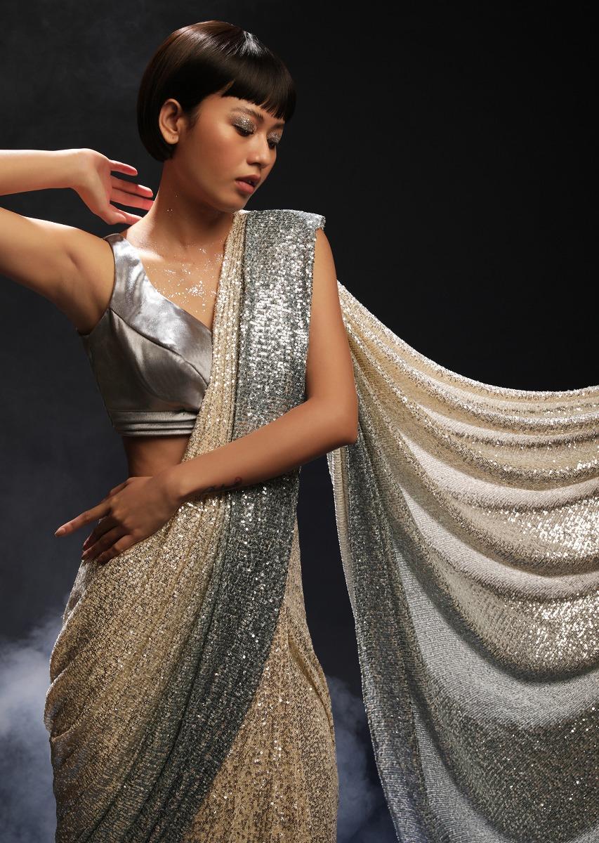 Kalki Fashion,M001RA397Y-SG54559,Grey And Silver Ombre Ready Pleated Saree Embellished In Sequins And Grey Velvet Blouse With Front Cut Out