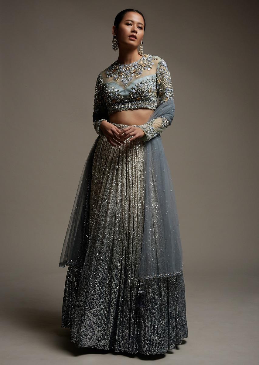 Kalki Fashion,M001RA408Y-SG56169,Grey Ombre Lehenga Embellished In Sequins With A Resham And Cut Dana Embroidered Choli