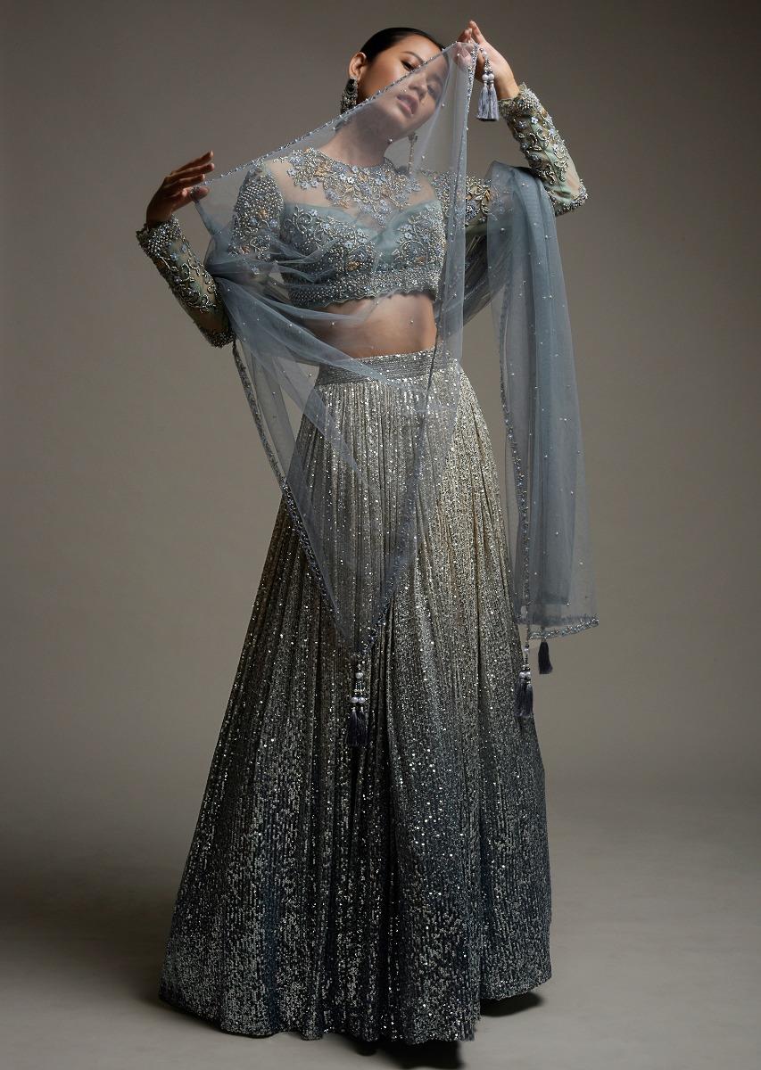 Kalki Fashion,M001RA408Y-SG56169,Grey Ombre Lehenga Embellished In Sequins With A Resham And Cut Dana Embroidered Choli