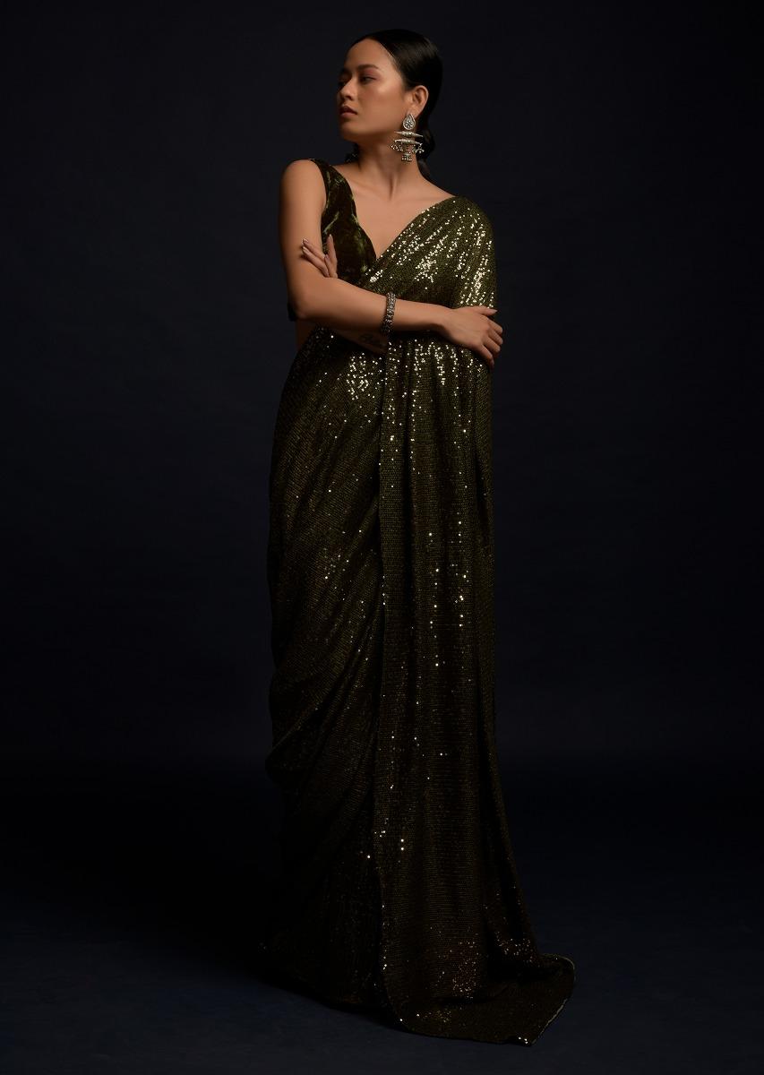 Kalki Fashion,M001M470Y-SG55331,Henna Green Ready Pleated Saree Embellished In Sequins With A Matching Velvet Blouse With Plunging Neckline