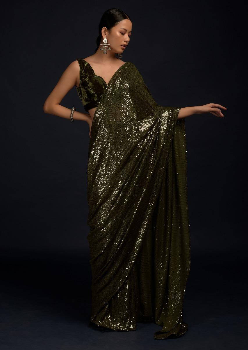 Kalki Fashion,M001M470Y-SG55331,Henna Green Ready Pleated Saree Embellished In Sequins With A Matching Velvet Blouse With Plunging Neckline